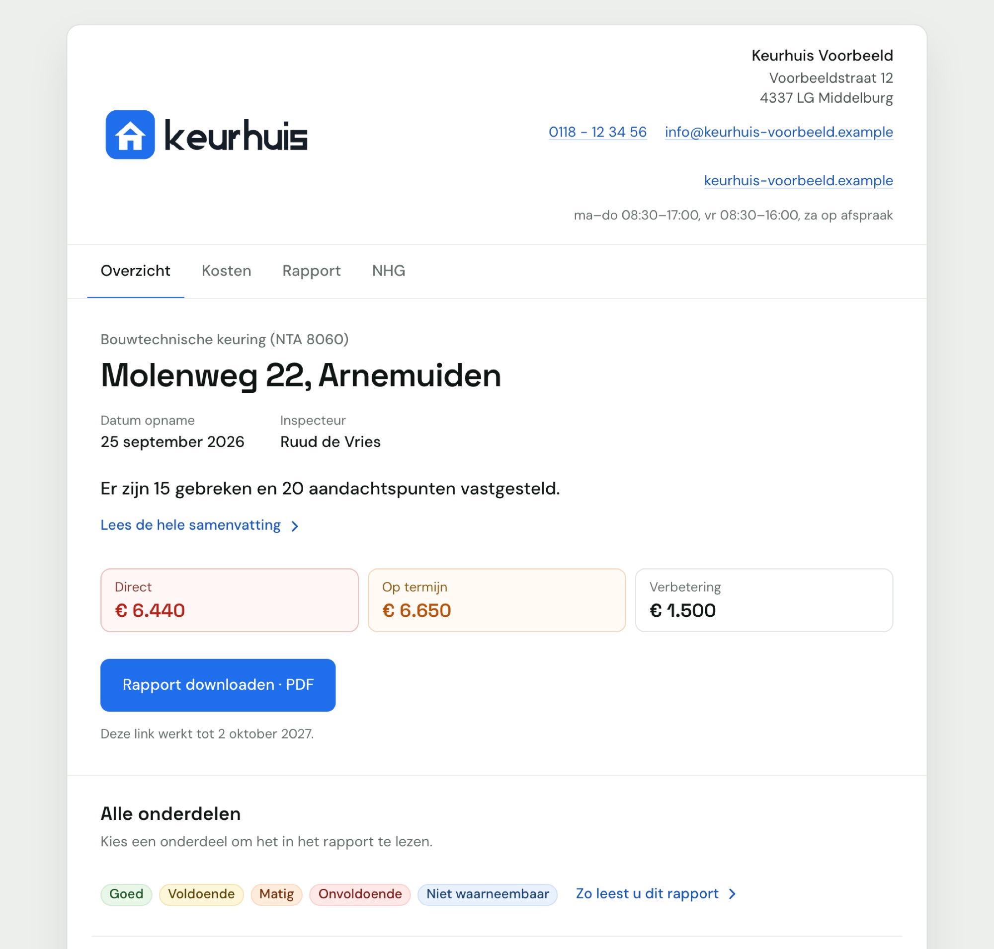 Het klantrapport met de kosten en alle onderdelen