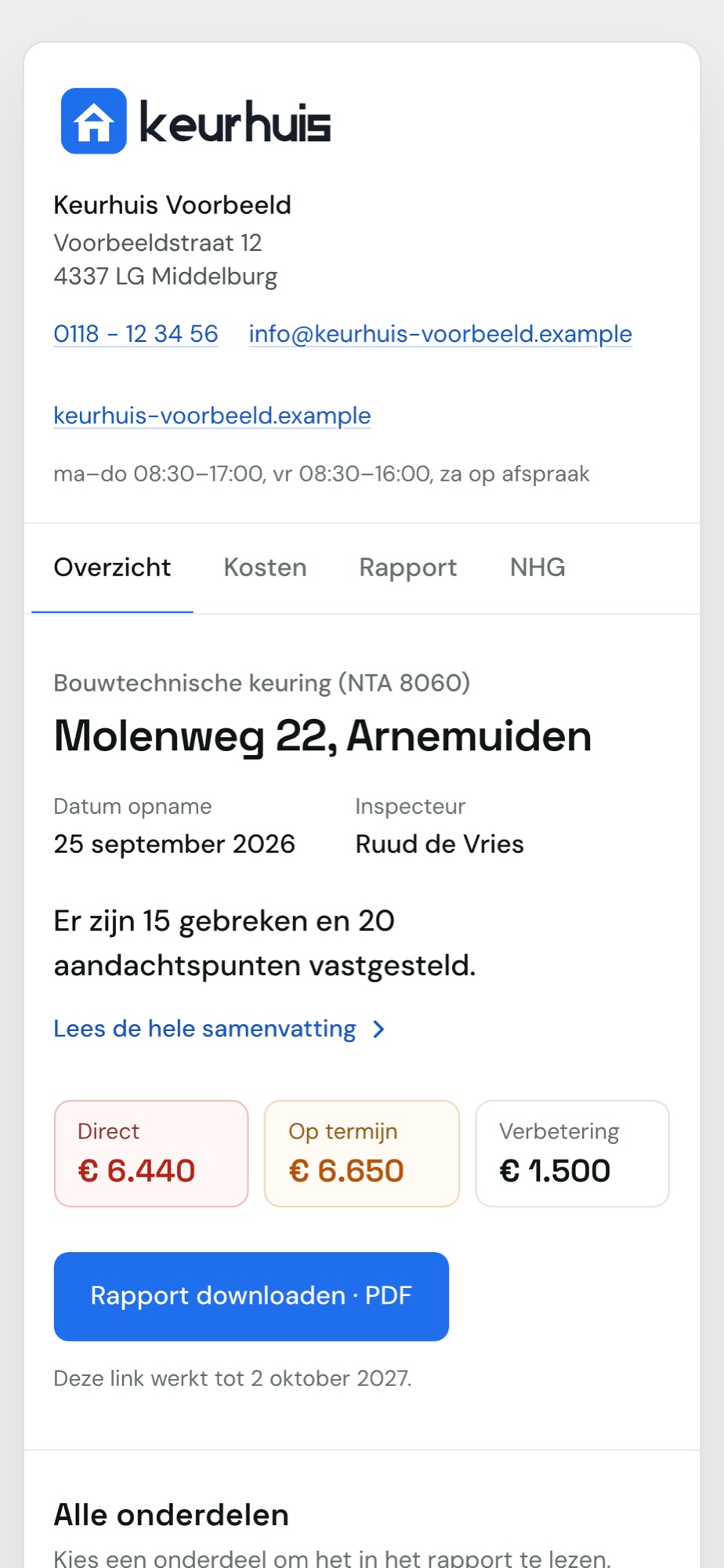 Het klantrapport op een telefoon, in de huisstijl van het keuringsbedrijf